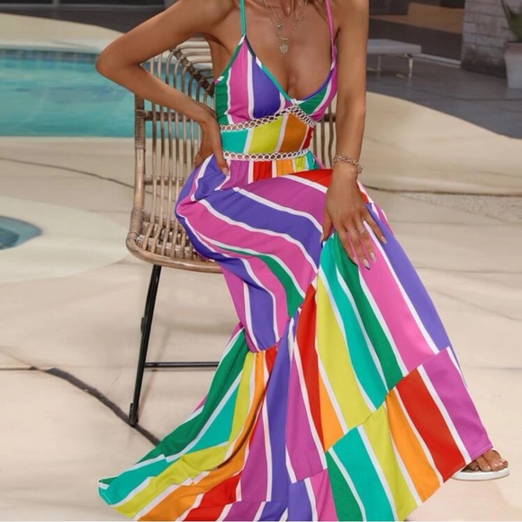 Boho colorful striped criss cross lace up Maxi dress - Picture 2 of 3